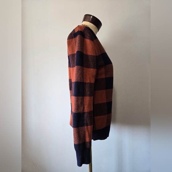 ASPEN Plaid V-Neck Cotton Cardigan Sweater -Burnt Orange and Navy. Size Small - Picture 3 of 10